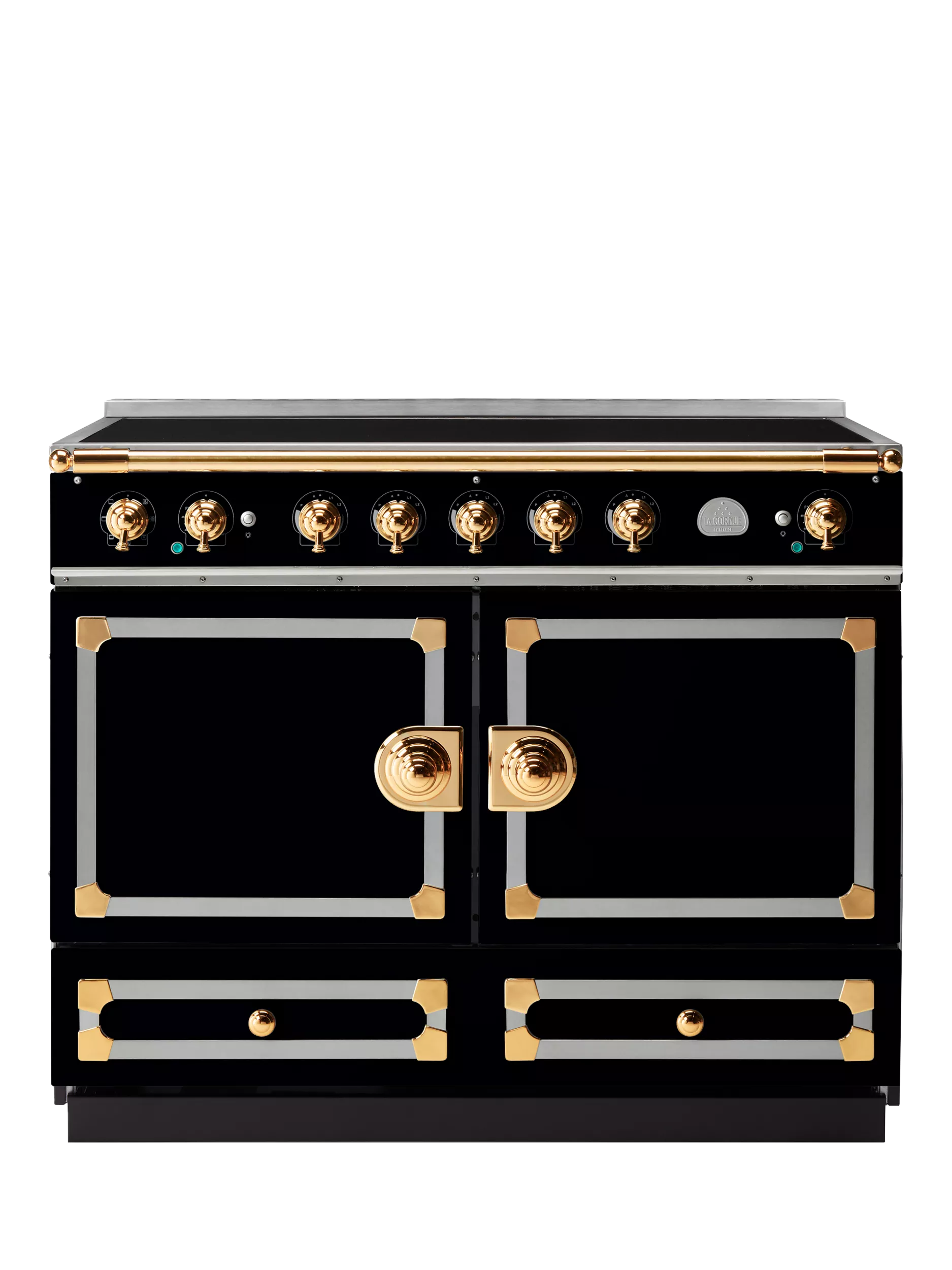 La Cornue CornuFe 110cm Electric Range Cooker with Induction Hob, Brilliant Black/Brass Stainless Steel