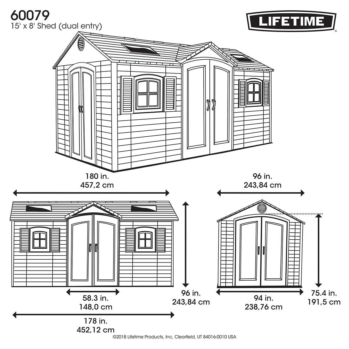 Installed Lifetime 15ft x 8ft (4.6 x 2.4m) Dual Entry Storage Shed - Model 60079 - With Expert Installation